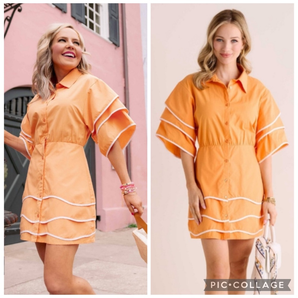 Avara orange tiered front button cotton mini dress size extra small